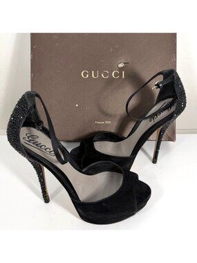 GUCCI Sofia Black Suede Crystal Embellished Heels Ankle Strap Platform Size 37